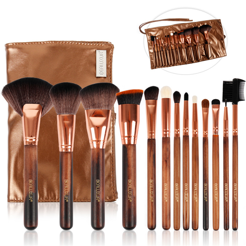 Make-up Brush Set, 13pc Make-up Brushes Premium Synthetic Brietles Powder Foundation Blush Contour Concealers Lip Eye shadow Brushe Kit 8230; (005 Houten handvat)